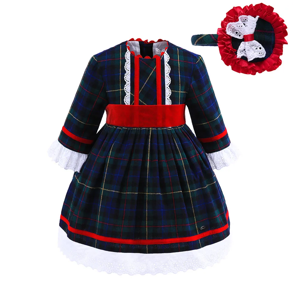 

Pettigirl Newest Autumn Full Sleeve Plaid Baby Girl Dresses With Bonnet Casual Kids Clothes
