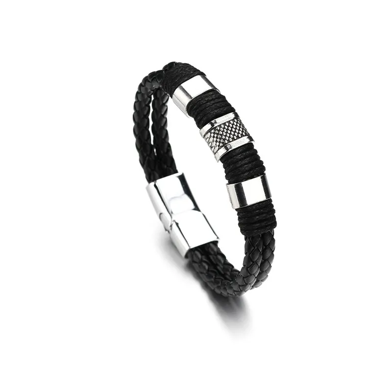 

Hot Selling Mens Leather Bracelet Stainless Steel Magnetic Buckle Black Wrist Cuff Bangle