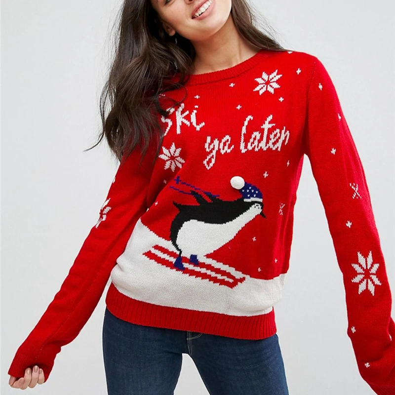 

Wholesale Hot Sales High Quality European And American Style Fashion Round Neck Christmas Penguin Pullover Knitted Sweater, Red