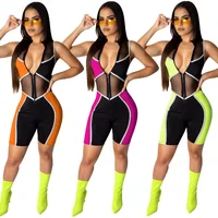 

Deep V Neck Sleeveless Patchwork skinny bodysuit women'S 2019 New Arrive Fashion One Piece Bodycon playsuit