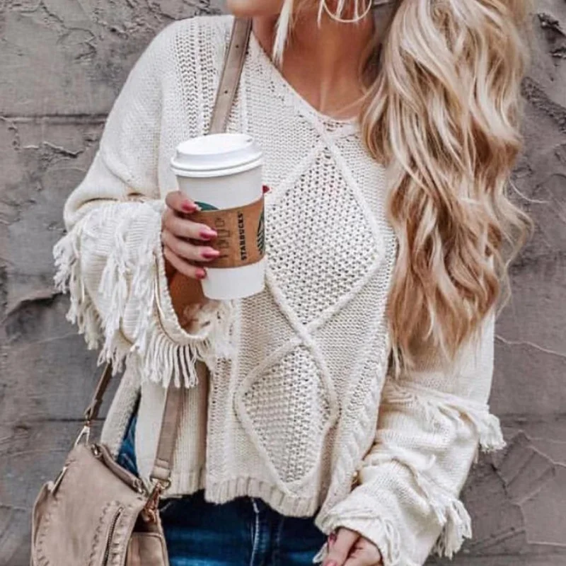

New Fashion Pullover Dilly Solid Fringe Long Flare Sleeve Women Knitted Sweater Wool Loose Tassel Jumper, Picture