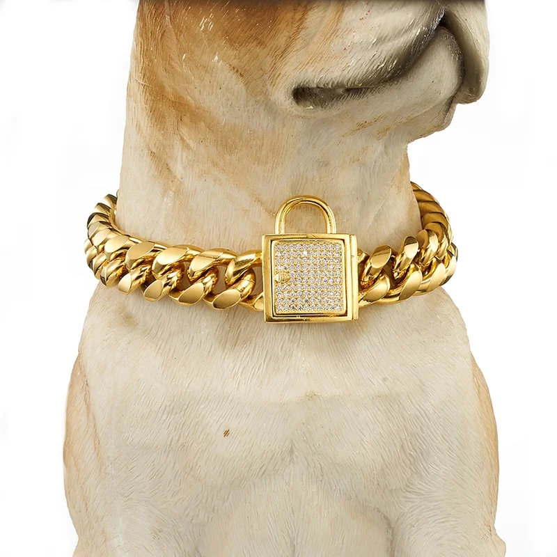 14mm Durable Gold Plating iced out Bling Large Stainless Steel  Pet Dog Collar Choke Chains for pitbull
