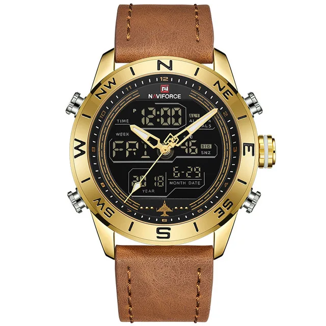 

NAVIFORCE 9144 Brand Men's Fashion Sport Watch Male Leather Quartz Analog LED Clock Relogio Masculio, 5 different colors as picture