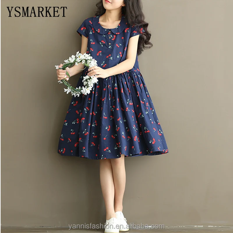 

fashion spring summer dress plus size loose casual women dress vestidos cotton linen cherry printed dresses E1761