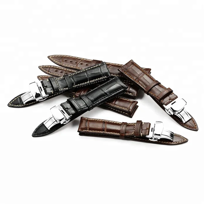 

18 to 22mm Stainless Steel Deployment Clasp Calf Leather Watch Band Strap, Black & brown