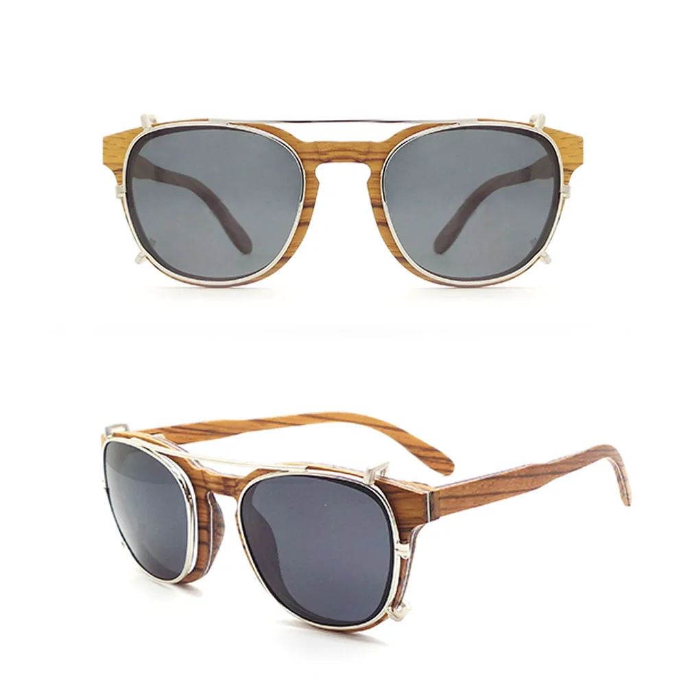 

W44 High Quality Private Label Own Brand Factory Italy 100% Wooden Polarized Clip On Zebrawood Sun Glasses Sunglasses