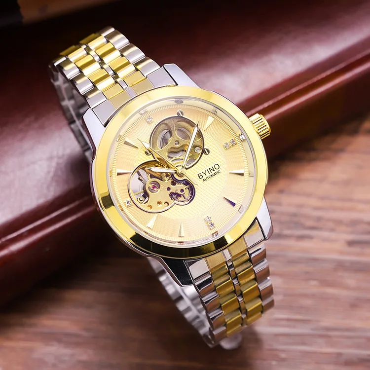 

Chinese Factory wholesale Cheap Man Skeleton Mechanical watch stainless steel band, Silver/gold/per customer request