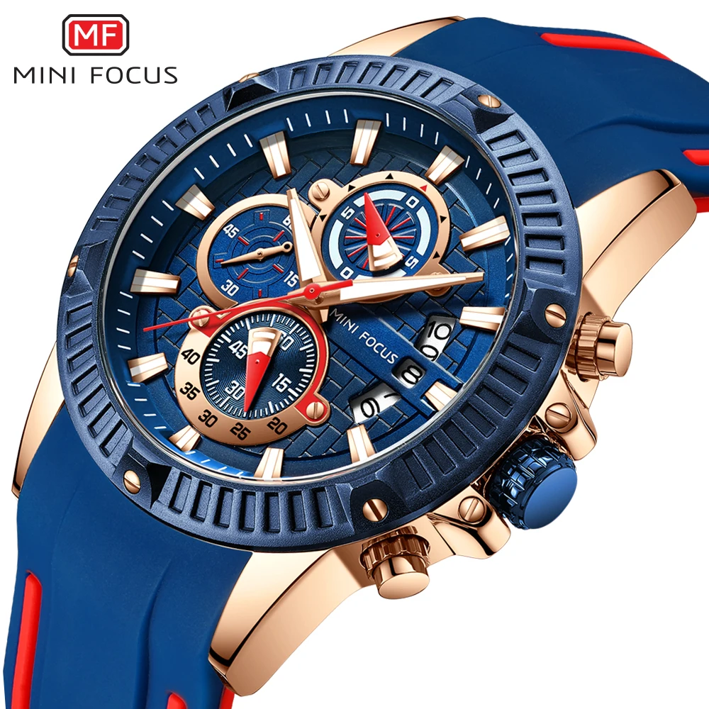 

Mini Focus 2021 Man Fashion Watch Blue Rose Gold Rubber Strap 3D Bolt 3 Dials Waterproof Top Brand Luxury Sports Mens Watches