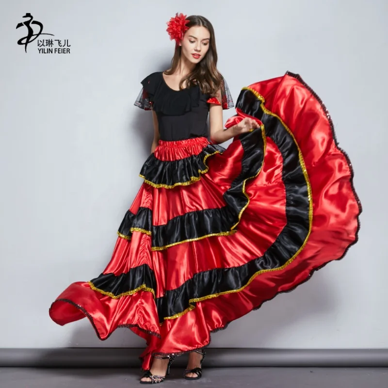 

Gypsy Dance Skirt Cheap Belly Dance Satin Circle Skirt For Sale, Red+black