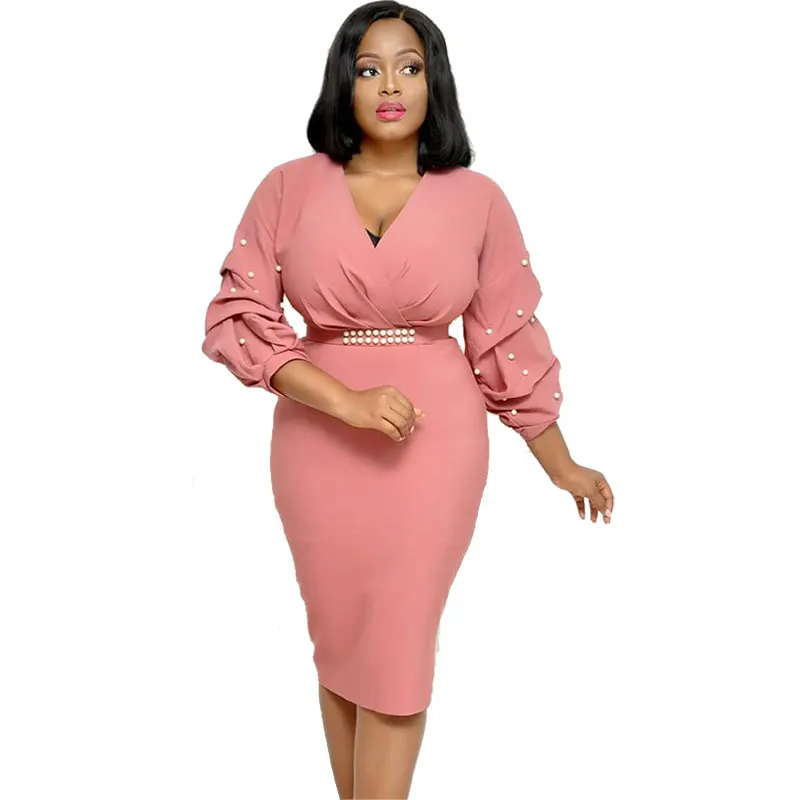 

Elegant Women Clothing Business Bodycon Beading Puff Sleeve Ruched Wrap Bodycon Dress