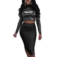 

2019 High Quality Two Piece Sequin Women Sexy Nightclub Dress Long Sleeved Bandage Dress