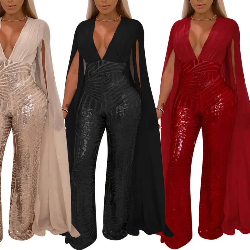 

81203-MX86 Lengthen sleeve sequin jumpsuit grenadine transparent club wear