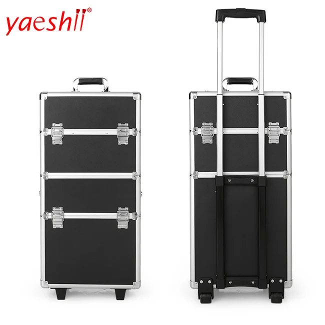 

Yaeshii professional custom 3 in 1 Pro Rolling Wheeled Aluminum Storage trolley makeup luggage suitcase, Pink/black