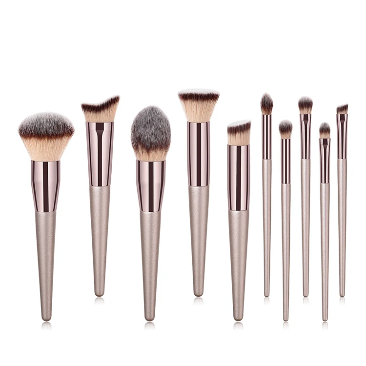 

10pcs Private Label Cosmetics Nylon Makeup Brush With PVC Bag, Champaign gold