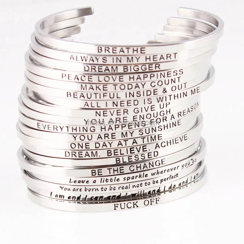 

New Silver Stainless Steel Bangle Engraved Positive Inspirational Quote Hand Stamped Cuff Mantra Bracelets For Women