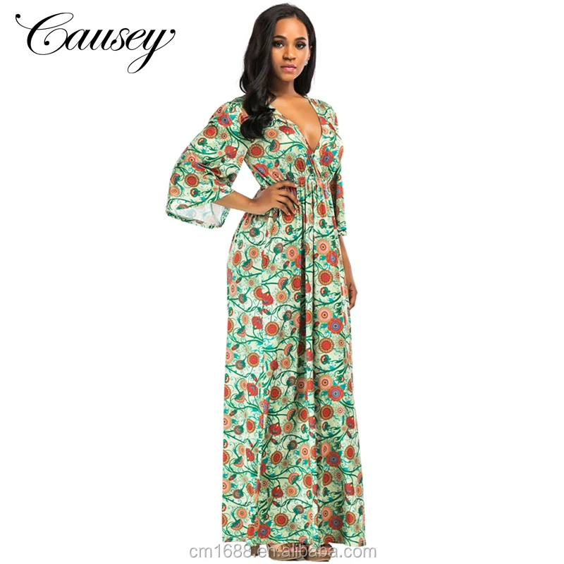 
2018 New Fashion Women Sexy V Neck Half Sleeve Long Dress Pleated Skirt Plus Size 