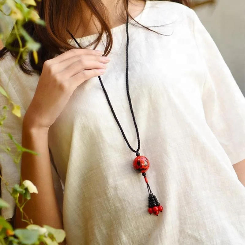 

fashion vintage red ball ceramic necklace women sweater ethnic jewelry, N/a