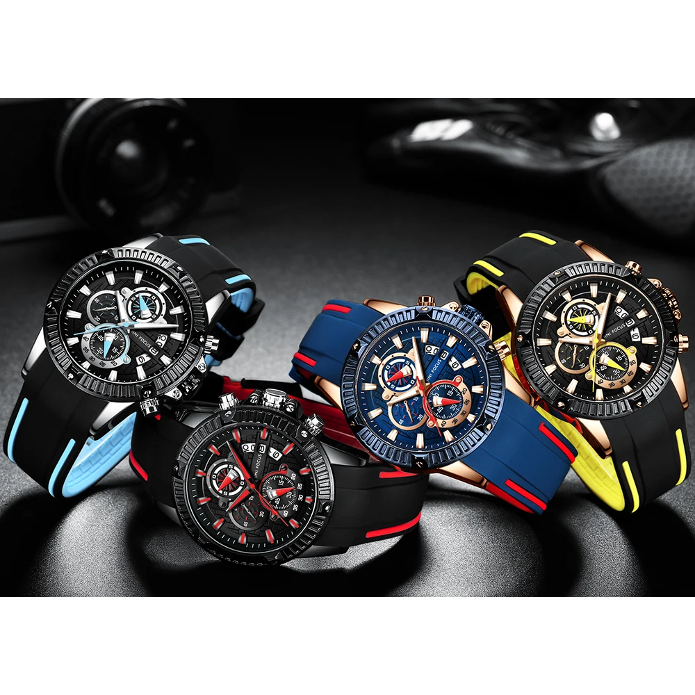 

Mini Focus Custom Logo Low MOQ Men Quartz Wrist Watch with Silicone Band, 4 or 5 colors