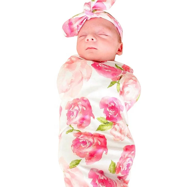 

Swaddling baby muslin blankets cotton floral baby receiving blanket with bunny ear headbands