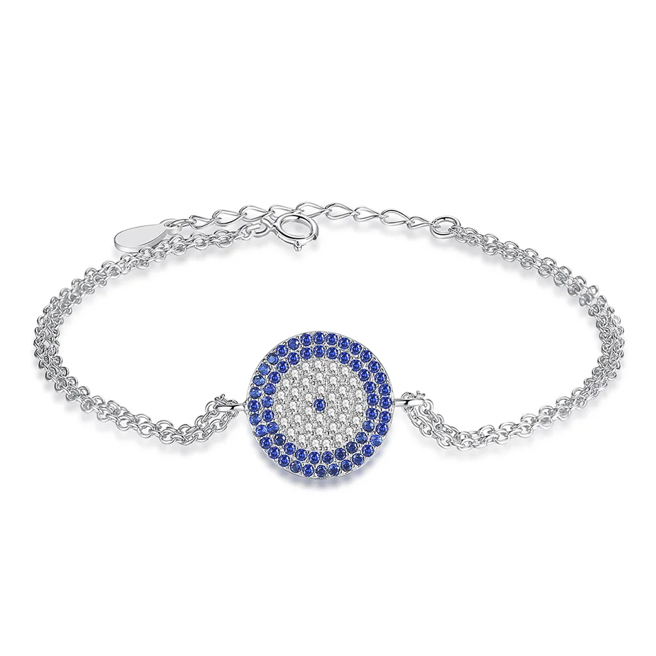 

Luxury Round Blue Eye Strand Bracelet Crystal Zircon 925 Sterling Silver Double Chain Bracelets Silver Bangle For Women Jewelry
