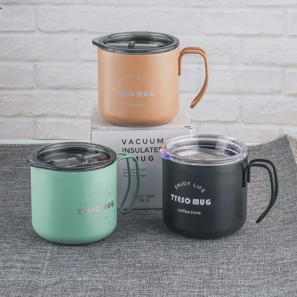 

Wholesale 350ml Mini Coffee Tumblers Stainless Steel Vacuum Insulated Coffee Mug with Handle, Orange green black