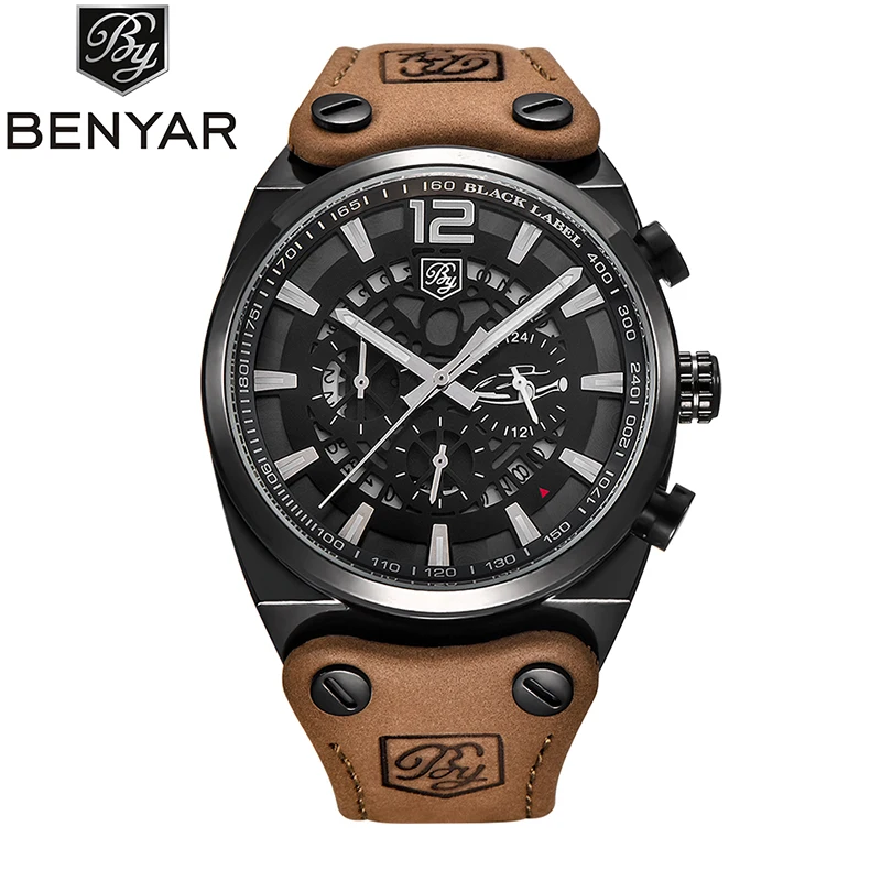 

Fashion Men Wrist Watches Benyar 5112 Luxury Chronograph Calendar Clock Skeleton Dial Quartz Sports Brand Men Leather Watch