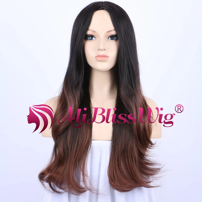 

24 Long Wavy Middle Part Heat Safe Fiber Hair Synthetic Machine Made None Lace Full Wig Dark Roots Ombre Brown Two Tone Wig