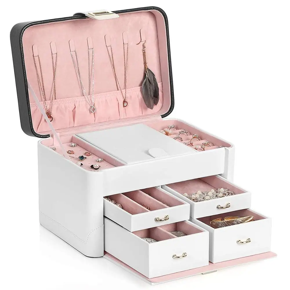 Jewellery Box Organiser with Flip-over Mirror for Necklaces Rings Studs Earrings Great Gift Idea