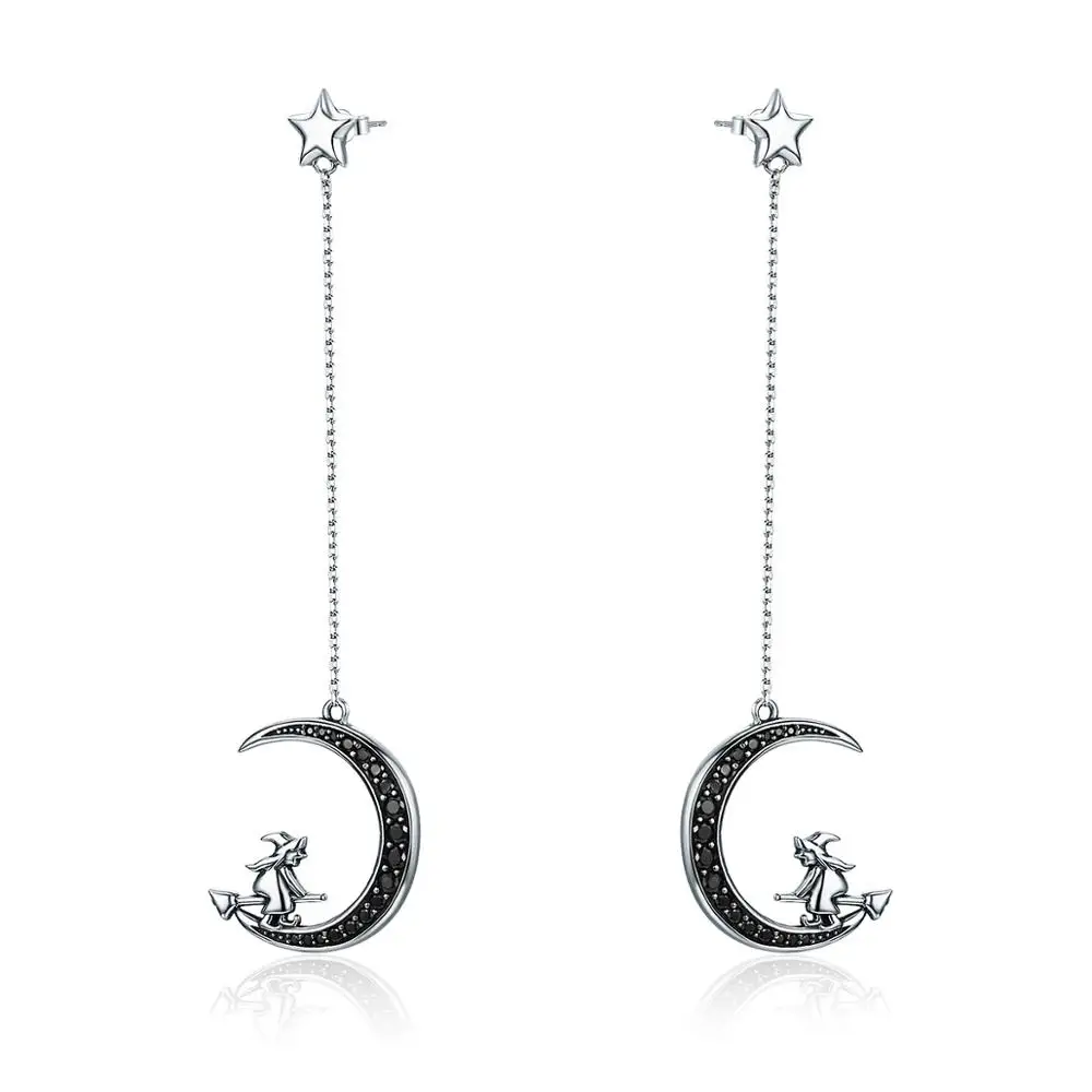 

Wholesale Real 925 Sterling Silver Jewelry Witch on Moon Silver Star Black CZ Long Drop Earrings For Women, White
