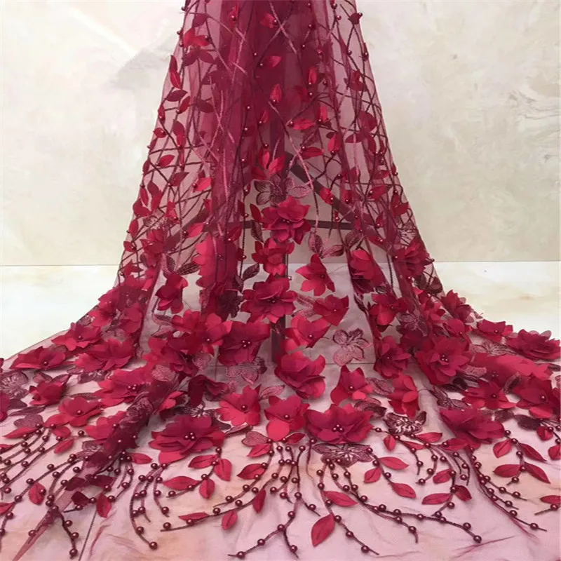 

HFX Hot Selling Nigerian Lace Fabric 2019 Embroidery French 3d Flowers Wine Tulle Net Lace Fabric with Beads