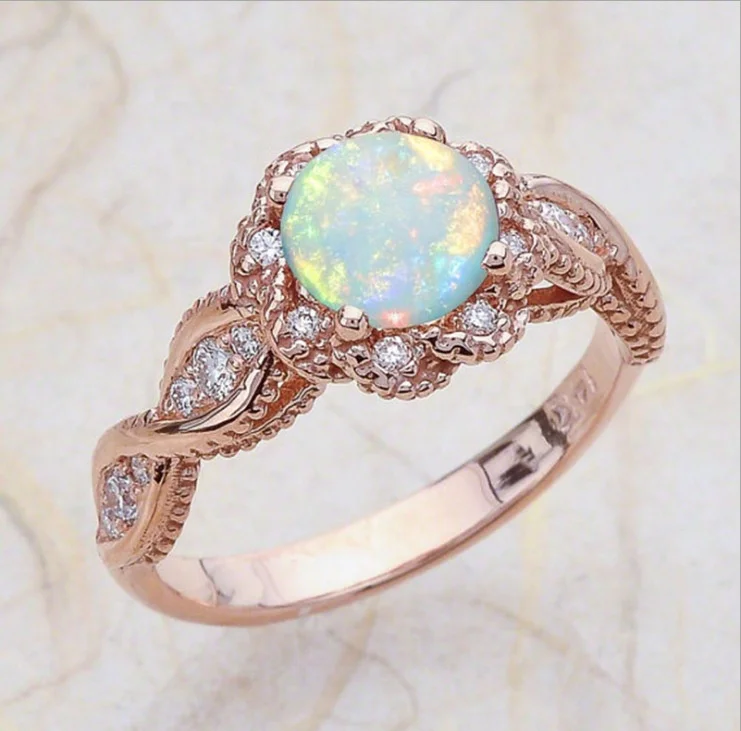 

Cute Female Infinity Ring Fashion Engagement Ring White Fire Opal Stone Ring Vintage Rose Gold Filled Wedding Jewelry