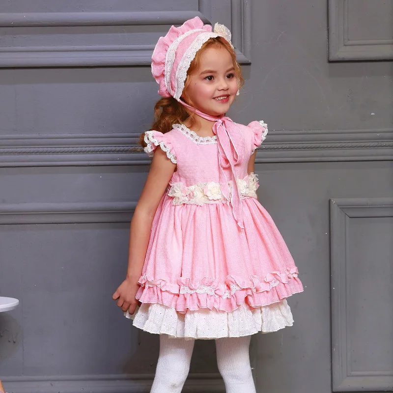

lyc-0045 Baby Girl Summer Pink Flower Lace Princess Lolita Dress Vintage Spanish Dress children Wedding Birthday Party Dress, As pictures shows