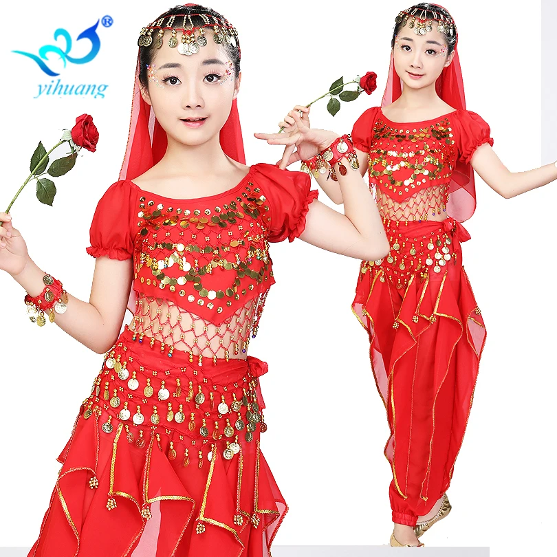 

Wholesale 2019 Girls Belly Dance Suit Performance Wear Kids Indian Dance Halloween Outfits Tops,Pants,Hip Scarf,Veil,Bracelets, Red;rose red;blue.customzied