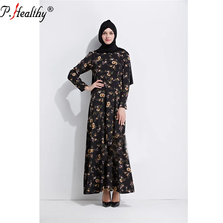 

New style fashion plain abaya more popular fresh small flower printed muslim dress