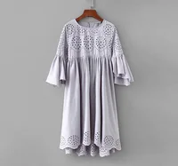 

Plus size women casual dress Cotton linen eyelet embroidered babydoll dress Custom loose falbala dress