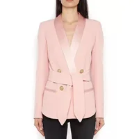 

Spring shawl collar belted silky fashion blazer for women Deep V neck Jacket Office robe pink white black Outwear