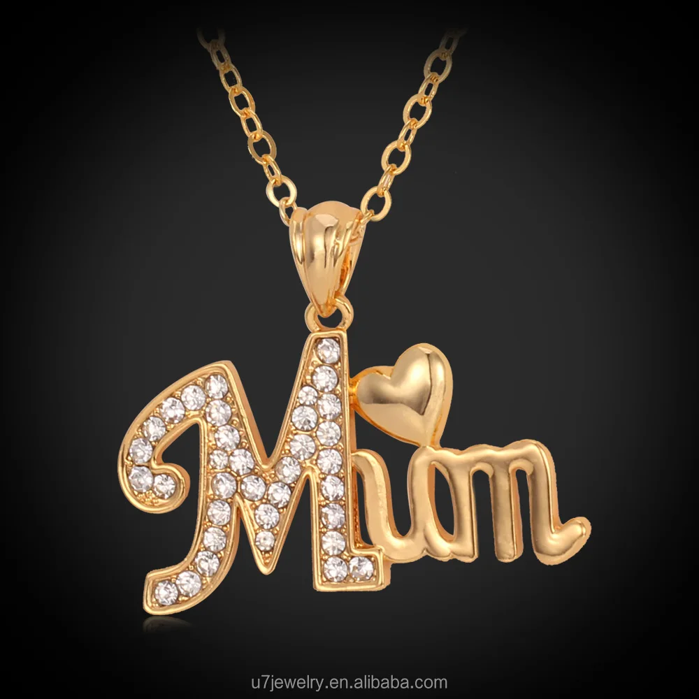 

U7 Love Gift For Mother mum Letter Heart Pendant 18K Gold Plated Rhinestone Pendant Necklace birthday/xmas gift Women Jewelry