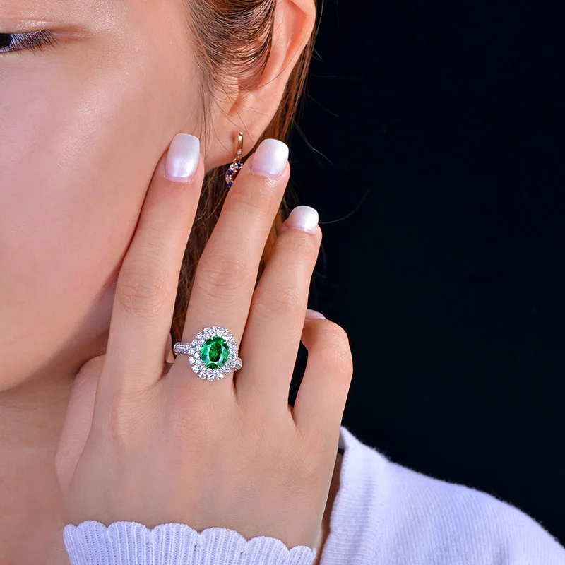 Stylish Oval Shape White Zircon Emerald Ring Sterling Silver Jewelry