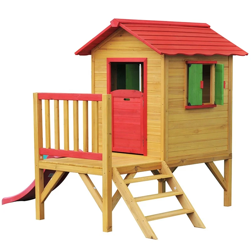 

Wooden Garden Kids Playhouse Outdoor With Slide For Sale, Yellow, green, red