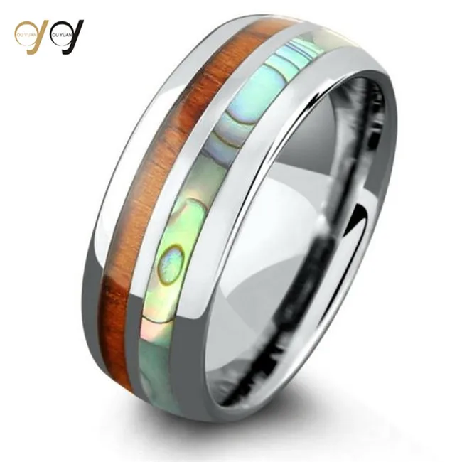 316L Stainless Steel Jewelry Men's Natural Sea Shell Koa Wood Stainless Steel Ring Dome comfort Fit