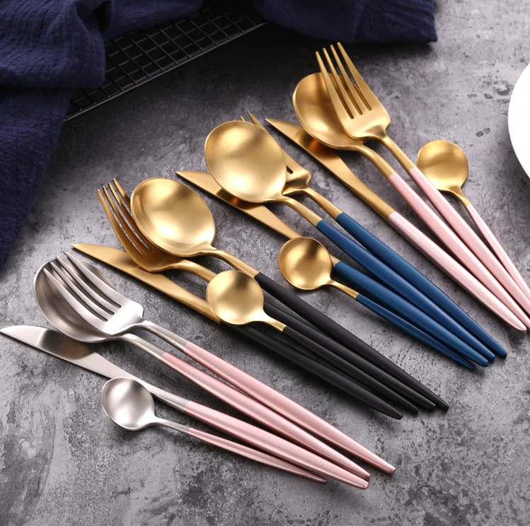 

Portuguese Silver And Gold Bright Surface Unique Restaurant Flatware, Gold/ rose gold / black / blue / pink /silver