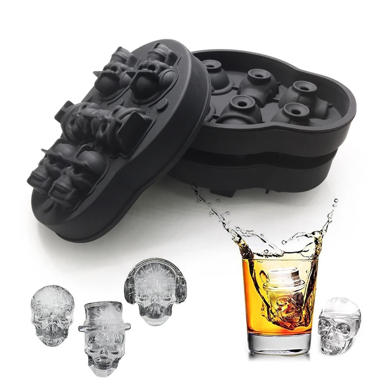 

3D Skull Ice Mold Trays, BPA Free Silicone Ice Cube Maker Whisky Party Spooky Tool, Black