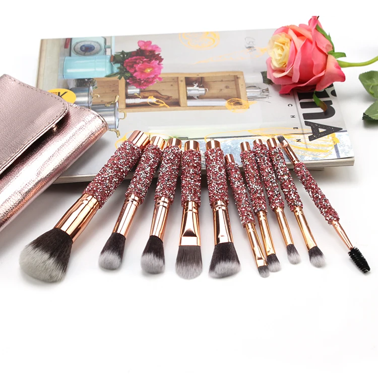 10 pieces premium diamond handle body shimmer rhinestone make up brushes with private label