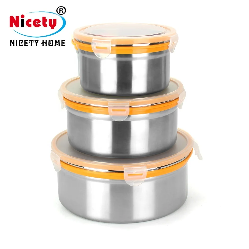 

NICETY large capacity kitchen waterproof round storage 304 stainless steel food container with airtight pp lid