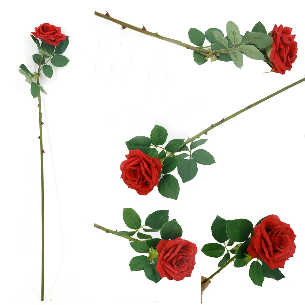 High Quality Single Stem Edge Curl Artificial Red Rose Flower