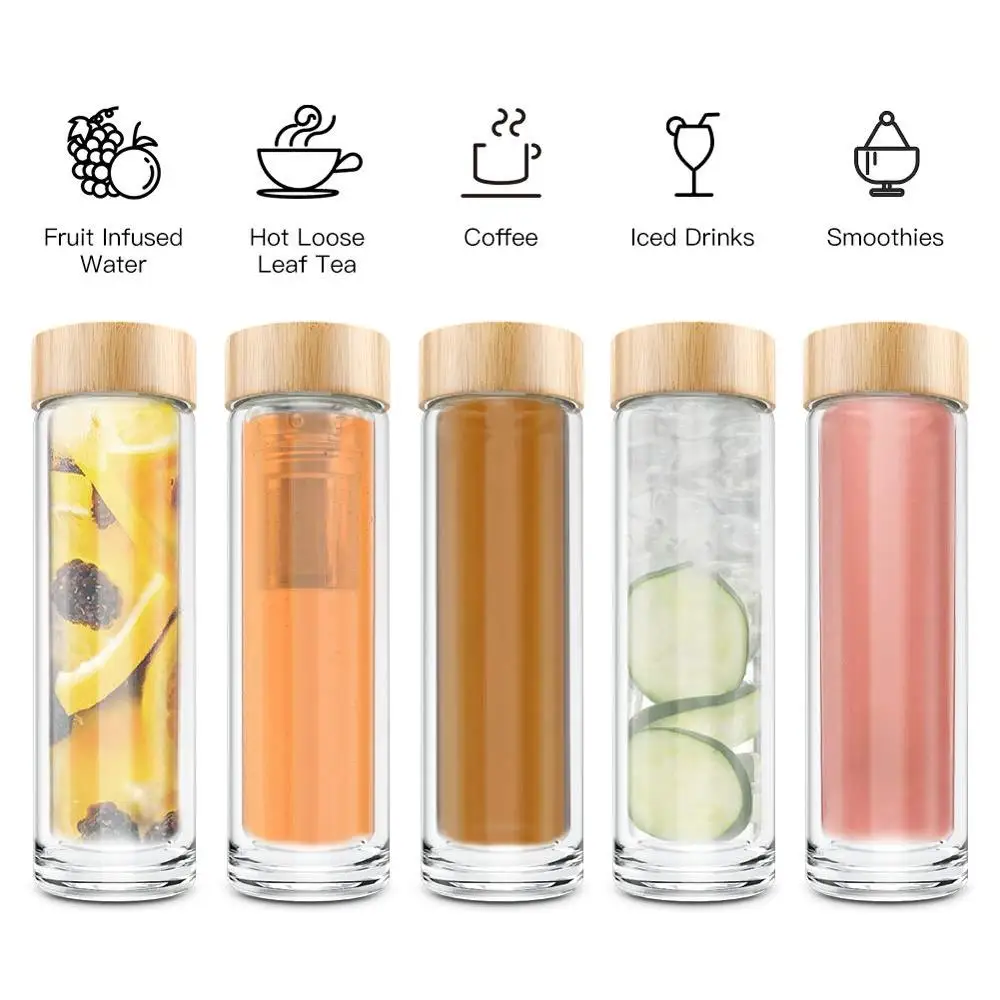 

Wholesale Water Bottle Custom Glass Double Wall Tea Infuser Drinking Water Bottle 450ml, Any pantone color