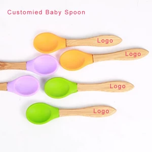 Image of Custom LOGO Food Grade Silicone Bamboo Wooden Baby Feeding Training Spoon and Fork Set