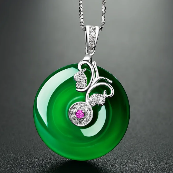 

925 sliver grace and temperament green jade circle butterfly pendant necklace women, 1 color