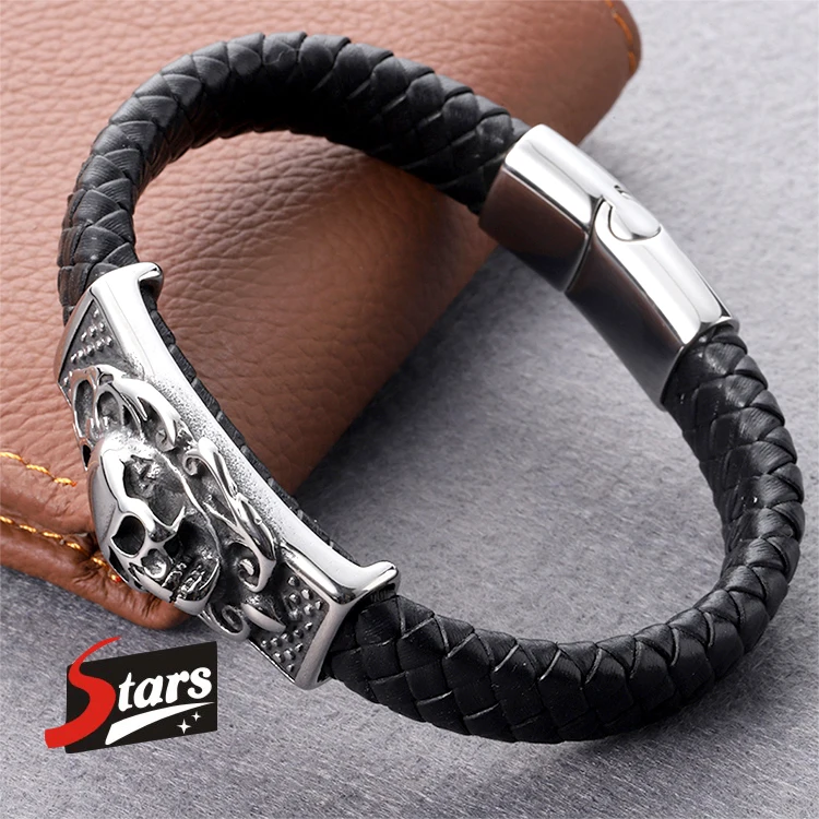 

Wholesale Men Leather Bracelet Stainless Steel Skull Charm Bracelet With Magnetic Clasp