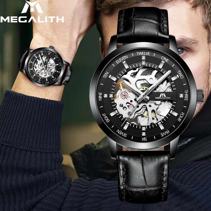 MEGALITH  mens watches black band no battery mechanical movement wristwatches montre homme water resistant silver